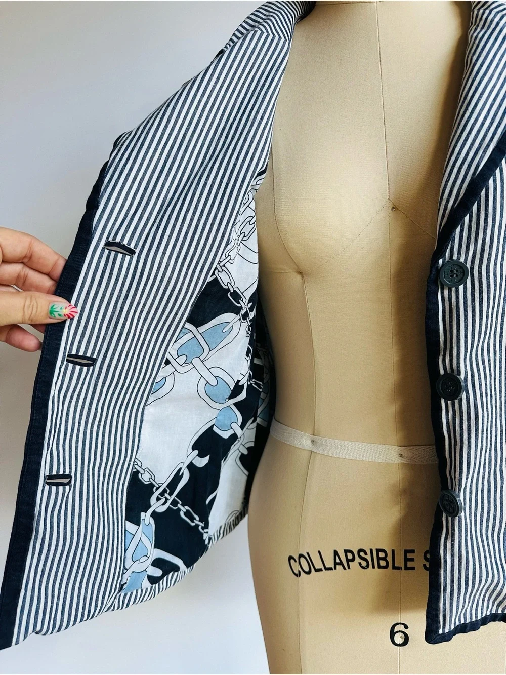 Vintage Tory Burch Seersucker Stripe Linen Cotton Blazer Jacket Navy Preppy